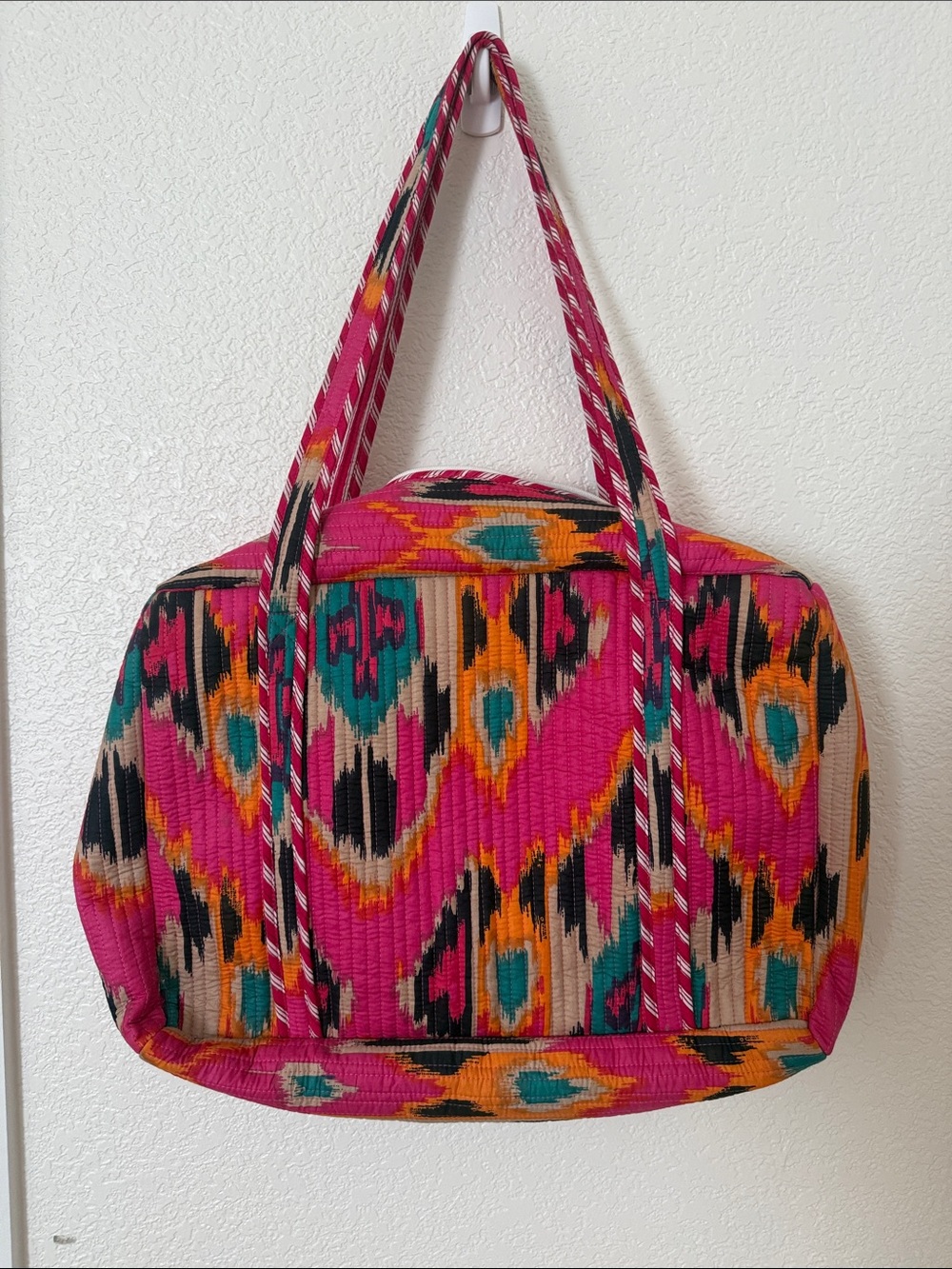 FOLKLORE COUTURE Pink Ikat Boho Quilted Weekender Tote Bag NWT